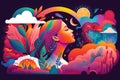 The concept of visualization, meditation and mental health. A woman presents her dreams. Colorful trendy illustration in the style