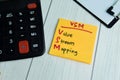 Concept of VSM - Value Stream Mapping write on sticky notes isolated on Wooden Table