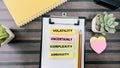 Concept of VUCA - Volatility Uncertainly Complexity Ambiguity write on sticky notes isolated on Wooden Table