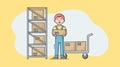 Concept Of Warehouse. Cheerful Worker Is Holding Cardboard Box With Barcode. Man Is Sorting, And Shipment Cargo