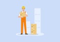 Concept Of Warehouse. Storehouse Cheerful Worker In Uniform Is Holding Cardboard Box In Hands. Fast Delivery Service