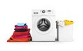 Concept of washing clothes Washing machine with colored towels and washing basket with dirty clothes isolated on white background