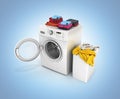 Concept of washing clothes Washing machine with an open door colored towels and washing basket with dirty clothes on blue