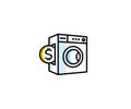 Concept of washing machine and coin logo template. Paid public laundry vector design