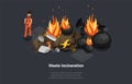 Concept Of Waste Incineration Process. Male Character Collecting And Incinerating Garbage And Consequence Like Emission Royalty Free Stock Photo