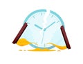 The concept of wasting time or procrastination, deadline. Broken hourglass and clock.