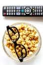 Concept of watching movies with popcorn top view white background Royalty Free Stock Photo