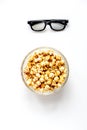 Concept of watching movies with popcorn top view white background Royalty Free Stock Photo