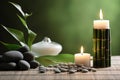 Concept of water, wellness and spa. Spa still life with burning bamboo candles