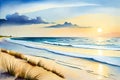 Watercolor Baltic Sea View. Sandy Beach, Blue Sky, Seagulls, Nature Backgrounds. Dune Grasses On The Gold Beach. . Generative AI Royalty Free Stock Photo
