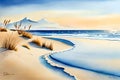 Watercolor Baltic Sea View. Sandy Beach, Blue Sky, Seagulls, Nature Backgrounds. Dune Grasses On The Gold Beach. . Generative AI