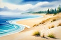 Watercolor Baltic Sea View. Sandy Beach, Blue Sky, Seagulls, Nature Backgrounds. Dune Grasses On The Gold Beach. . Generative AI