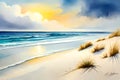 Watercolor Baltic Sea View. Sandy Beach, Blue Sky, Seagulls, Nature Backgrounds. Dune Grasses On The Gold Beach. . Generative AI