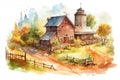 Watercolor cute farm with barn, granary, hay, shovel, wooden fence, hill, tree, grass. Generative AI Royalty Free Stock Photo
