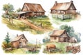 Watercolor cute farm with barn, granary, hay, shovel, wooden fence, hill, tree, grass. Generative AI Royalty Free Stock Photo