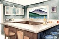 A Watercolor Painting Of A Kitchen With Bar Stools. Generative AI