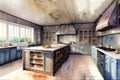 A Watercolor Painting Of A Kitchen With Blue Cabinets. Generative AI