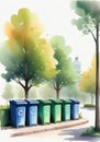 A Watercolor Painting Of Three Trash Bins In A Park. Generative AI