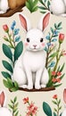 Watercolor patterns featuring cute white rabbits and springtime flora amidst wild animals eucalyptus branches and blooming flowers Royalty Free Stock Photo
