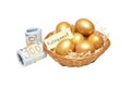 Concept of wealth and retirement - golden eggs, isolated on white background Royalty Free Stock Photo