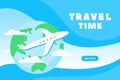 Concept web page design time to travel. Planet plane and clouds