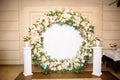The concept of wedding decor, street decoration, wedding arch is decorated with flowers - pink and white peonies