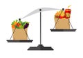 Concept of weight loss, healthy lifestyles, diet, proper nutrition. Vegetables and fast food on scales. Vector. Royalty Free Stock Photo