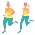 The concept of weight loss in sports. Fat and slim Girls Jogging and exercise. Jogging, fitness. Healthy lifestyle. Vector graphic