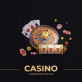 Concept of welcome bonus in casino. Roulette, playing cards, dice, poker chips, slot machine