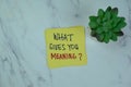 Concept of What Gives You Meaning? write on sticky notes isolated on Wooden Table