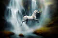 A White Unicorn Standing In Front Of A Waterfall. Generative AI