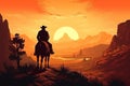 Wild west poster, cowboy riding into the sunset with his horse, wild west landscape. Generative AI