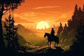 Wild west poster, cowboy riding into the sunset with his horse, wild west landscape. Generative AI