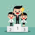 Concept winner and success. Business people stand on the podium with the cup in cute cartoon style Royalty Free Stock Photo