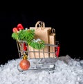 Concept of winter sale. Shopping cart with paper bags, green twig and ball in snow on black background, close up