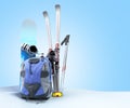 Concept of winter tourism snowboarding and skiing in the snow 3d render on blue