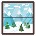Concept winter window landscape view, snow forest valley and mountain range isolated on white, flat vector illustration