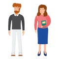 Concept woman with textbook and bearded man standing, hipster smiling people together cartoon vector illustration, isolated on