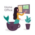 The concept of a woman working at home at a computer who is very fond of drinking coffee.