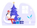 Concept of women finishing work from home when Christmas arrives. Christmas tree. Modern vector illustration