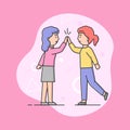 Concept Of Women Friendship, Back To School, Business Communication. Two Women Jump And High-Five Each Other. Friendship