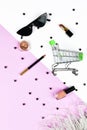 The concept of womens shopping. Basket and womens accessories. Women`s accessories, on a pink background pastel. Beauty and