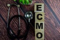 Concept of The wooden Cubes with the word Ecmo on wooden background Royalty Free Stock Photo