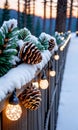 A Wooden Fence Adorned With Twinkling Lights And Snowy Pine Cones, Captured At Daw. Generative AI