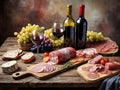 A Wooden Table Topped With Bottles Of Wine And Assorted Meats. Generative AI