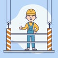 Concept Of Work On Height. Builder In Uniform Standing On Construction Platform, Showing Thumb Up. Man in Helmet and