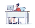 Concept Of Work In The Office. Tired Stressed Woman Work In Office On Computer. Dissatisfied Female Character