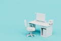 the concept of workplace arrangement. a table, a chair, a white computer on a blue background. copy paste. 3D render Royalty Free Stock Photo