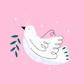 Concept for world peace day postcard with dove and branch. Bird International symbol of peace, hope and pray.