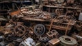 The concept of a world without war. Old vintage heavy military equipment in a landfill.